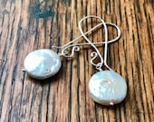 Large White Freshwater Pearl Coins on Long Silver Ear Wires