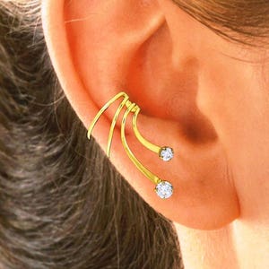 The Wave Ear Cuff with 2 'Grande' CZs Non-Pierced Cartilage Wrap Earring Gold or Rhodium on Sterling #2G-CZ