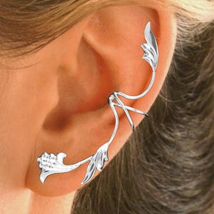 Ear Charms® Beautiful Flower / Leaf Ear Cuff Non-Pierced Full Ear Spray Earring Climber Sterling Silver & Gold or Rhodium over silver image 6