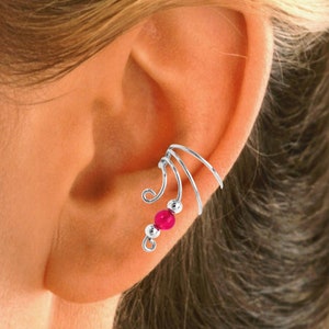 Pink Jade Short Curly Wave Simple Ear Cuff Earring Cartilage Wraps Non-Pierced in Sterling Silver