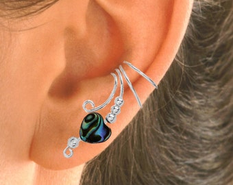 Ear Charms® Non-Pierced Ear Cuff Earring Wraps with Beautiful Abalone MOP Heart Handmade in Sterling Silver