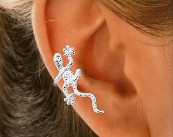 Ear Charms® Non-pierced Ear Cuff 'Art Gecko' Hand Crafted in Solid Sterling Silver, OR Gold or Rhodium over for EZ Care