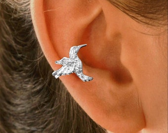 Hummingbird Ear Cuff Earring Non-Pierced Cartilage Wrap Sterling Silver or Gold on Silver