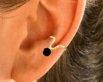 Ear Charm's Wishbone Black Onyx Ear Cuff Non-Pierced Earring Wrap in Gold or Rhodium on Sterling Silver  #18-BO-