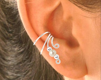 Freshwater Pearl Ear Cuff Earring Cartilage Wrap Fun Gift for any age, Solid .925 Sterling Silver Pair or Single