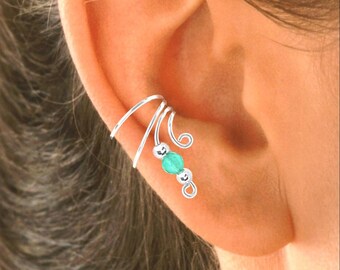 Mint Jade Short Curly Wave Simple Ear Cuff Earring Cartilage Wraps Non-Pierced in Sterling Silver