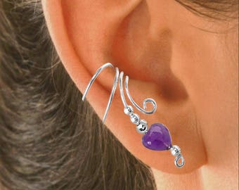 Ear Charms® Long Wave Ear Cuff with Genuine Purple Amethyst Heart Non-Pierced Earring Cartilage Wrap Beaded Solid Sterling Silver   #1XB-AMH