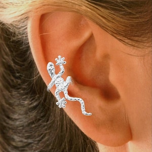 Ear Charms® Non-pierced Ear Cuff 'Art Gecko' Hand Crafted in Solid Sterling Silver, OR Gold or Rhodium over for EZ Care