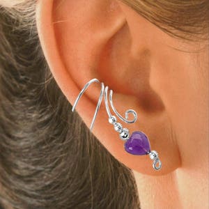 Ear Charms® Long Wave Ear Cuff with Genuine Purple Amethyst Heart Non-Pierced Earring Cartilage Wrap Beaded Solid Sterling Silver   #1XB-AMH