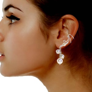 Ear Charm's Ear Cuff Non-pierced Earring Wrap with Genuine Freshwater Cultured Pearls Dangle Drop Sterling Silver