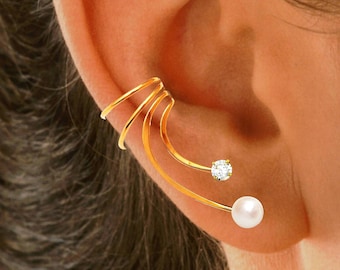Long "Wave™" Cultured Pearls & CZ Ear Cuff Non-Pierced Earring Wraps, no Piercing, in Sterling Silver or Gold or Rhodium over the silver