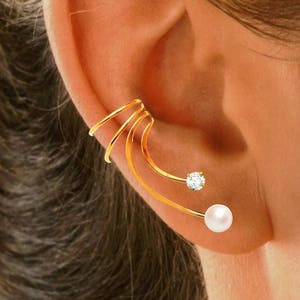 Long "Wave™" Cultured Pearls & CZ Ear Cuff Non-Pierced Earring Wraps, no Piercing, in Sterling Silver or Gold or Rhodium over the silver