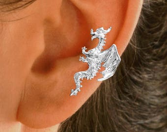 Ear Charms® DRAGON Ear Cuff No piercing Unisex Earring Cuff in Solid Sterling Silver, Gold or White Rhodium on the Sterling Silver