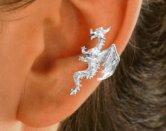 Ear Charms® DRAGON Ear Cuff No piercing Unisex Earring Cuff in Solid Sterling Silver, Gold or White Rhodium on the Sterling Silver