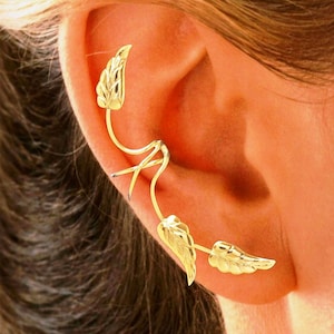 Ear Charms' Full-Ear Triple Southwest Leaf Ear Cuff Non-pierced Cuff Earring in Sterling Silver or EZ Care Gold or Rhodium Over the Silver