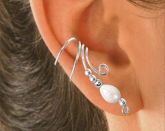 Ear Charms® Genuine Freshwater Pearl Long Wave™ Ear Cuff NON-Pierced Earring Cartilage Wraps Beaded Sterling Silver