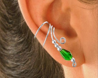 Ear Charms® Holiday Green Crystal Briolette Long Wave™ Ear Cuff Non-Pierced Cartilage Wrap Earring Sterling Silver   #1XB-BDG