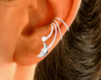 Ear Charms® Man in the Moon CZ Wave Ear Cuff NON-Pierced Earring Cartilage Wrap in Gold or Rhodium or Sterling Silver unplated