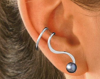 Ear Charms "One-Liner"™ Ear Cuff Wrap Earrings Genuine Black Cultured Pearl Rhodium or Gold over Sterling Silver #8-BP