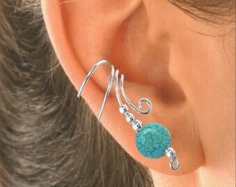 Ear Charms® Long Wave™ Ear Cuff Earring Non-Pierced Cartilage Wraps, Turquoise Disc Beaded, Sterling Silver