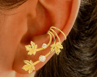 Stand out for the Holidays in Triple Maple Leaf / 2 CZ Ear Charms® Comfortable Non-Pierced Ear Cuff Earring Wraps Gold & Rhodium on Sterling