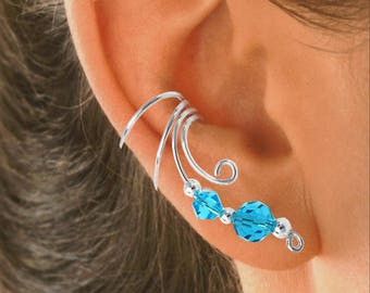 Ear Charms® Ear Cuff with 2 Beautiful Blue Crystals on Graceful NON-Pierced Sterling Silver Cartilage Wrap Earrings #1XB-BC2