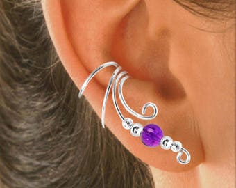 Ear Charms®Long Wave™ Ear Cuff Amethyst Gem Beaded Earring Non-Pierced Cartilage Wraps Sterling Silver   #1XB-AM