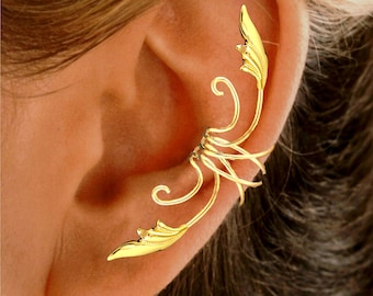 Ear Charms® Delicate Leaf Ear Cuff Non-pierced 2 pc SINGLE Full Ear (SPLIT-ABLE - Wear 1/2 on Each Ear) Sterling Silver,Gold or Rhodium over