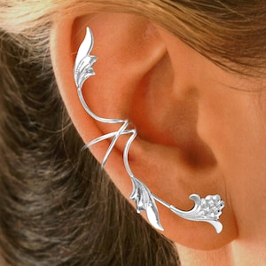 Ear Charms® Beautiful Flower / Leaf Ear Cuff Non-Pierced Full Ear Spray Earring Climber Sterling Silver & Gold or Rhodium over silver