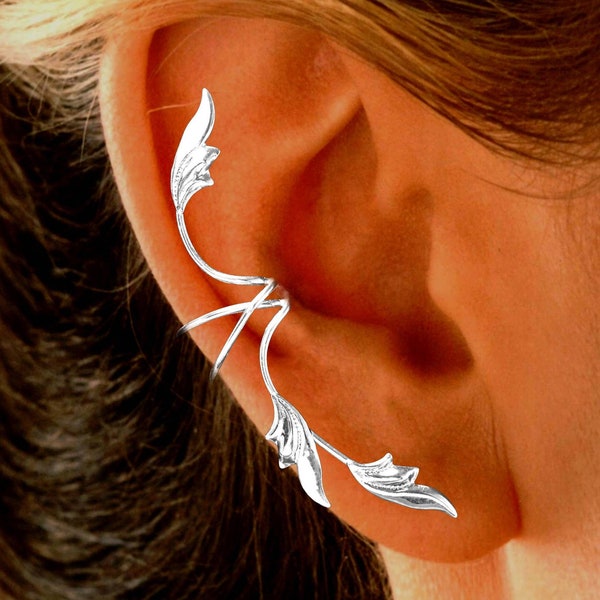 Ear Charms' Full-Ear Delicate 3 Leaf Ear Cuff Non-pierced 1 Piece Cuff Earring in Sterling Silver or EZ Care Gold or Rhodium Over Silver