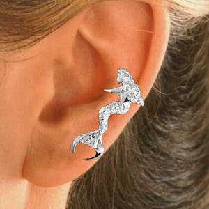 Sitting Mermaid Ear Cuff in Sterling Silver, Gold or Rhodium- SINGLE - Left Ear Only