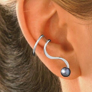Ear Charms "One-Liner"™ Ear Cuff Wrap Earrings Genuine Black Cultured Pearl Rhodium or Gold over Sterling Silver #8-BP