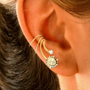 Ready for the Beach 'SUN & CZ Ear Cuff' Non-Pierced Short Wave Cartilage Wrap Earrings in Gold or Rhodium on /or Solid 925 Sterling Silver