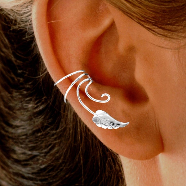 Ear Charms® Southwest Feather Leaf Wave™ Ear Cuff NON-Pierced Cartilage Earrings in Solid Sterling Silver Or Gold or Rhodium Over Silver