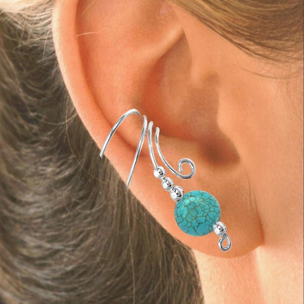 Ear Charms® Long Wave™ Ear Cuff Earring Non-Pierced Cartilage Wraps, Turquoise Disc Beaded, Sterling Silver   #1XB-TUD