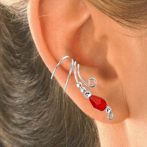 Ear Charms® Ear Cuff Non-Pierced 'Red Red' Crystal Briolette Earring Long Wave Cartilage Wrap Sterling Silver   #1XB-BRD