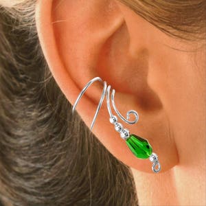 Ear Charms® Holiday Green Crystal Briolette Long Wave™ Ear Cuff Non-Pierced Cartilage Wrap Earring Sterling Silver   #1XB-BDG