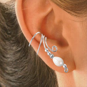 Ear Charms® Genuine Freshwater Pearl Long Wave™ Ear Cuff NON-Pierced Earring Cartilage Wraps Beaded Sterling Silver