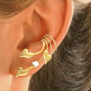 Ear Cuff 3 Puffed Hearts & CZ Non-pierced Long Wave Earring Wraps in Gold or Rhodium Over Sterling Silver
