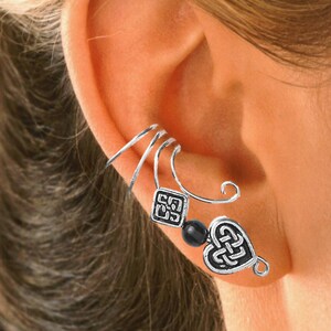 Ear Charms® Long Wave Non-Pierced Ear Cuff with Pewter Celtic Square,Heart & Black Onyx Wraps on Sterling Silver, Stack-able