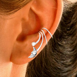 Ear Charms® Man in the Moon CZ Wave Ear Cuff NON-Pierced Earring Cartilage Wrap in Gold or Rhodium or Sterling Silver unplated