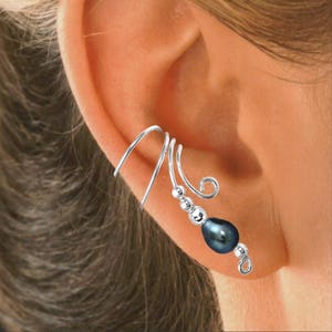 Ear Charms® Peacock Freshwater Pearl Long Wave™ Ear Cuff NON-Pierced Earring Cartilage Wraps in Solid Sterling Silver