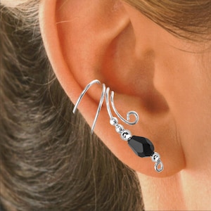 Ear Charms® Long Wave Ear Cuff Black Crystal Briolette Non-Pierced Earring Wraps Sterling Silver   #1XB-BBK