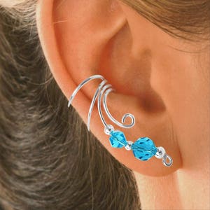 Ear Charms® Ear Cuff with 2 Beautiful Blue Crystals on Graceful NON-Pierced Sterling Silver Cartilage Wrap Earrings #1XB-BC2