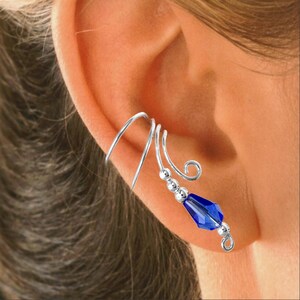 Ear Charms® True Blue Crystal Briolette Long Wave™ Ear Cuff Earring Non-Pierced Cartilage Wrap in Sterling Silver   #1XB-BDB