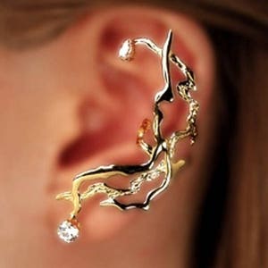 Ear Charms® Full Ear "Lightening w/ 2 CZ's" Non-pierced Ear Cuff Earring is Striking in solid Sterling Silver or Rhodium or Gold over silver