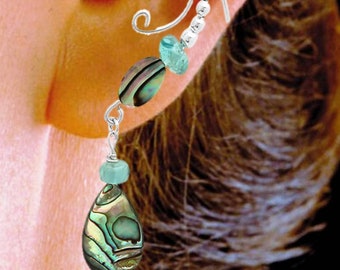 Ear Cuff Ear Wrap with Genuine Apatite & Abalone Mother of Pearl 1" Dangle in Sterling Silver #3SD-AB-AP