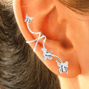 Ear Charms® Ear Cuff Non-pierced Earring Climbers Full Ear with 3 Butterflies in Sterling Silver OR Gold or Rhodium over Silver, Great Gift image 1