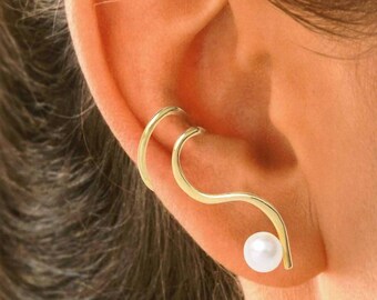 Cultured Pearl "One-Liner™" Ear Cuff Non-pierced Earring Wraps Easy Care Gold or Rhodium on Sterling Silver  ® #8-CP