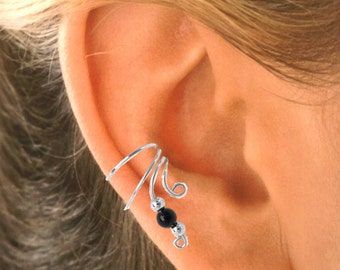 Black Onyx Curly Wave Ear Cuff Earrings Non-Pierced Cartilage Wrap in Sterling Silver